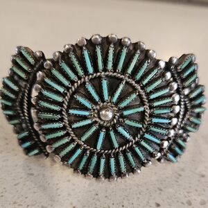 Vintage Needlepoint Turquoise and Silver Bracelet signed by Terry Loncasion